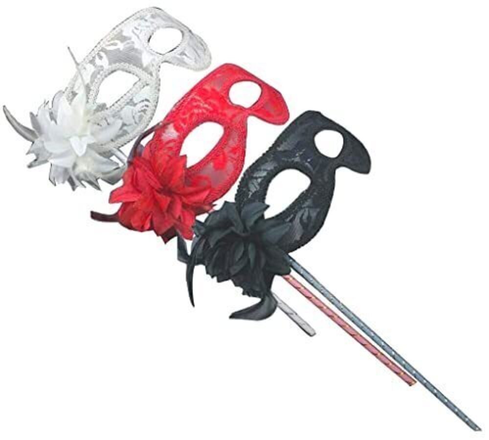 1561 ’s 3pcs Black Red White Lace Veil Translucent Half Face Mask on Stick
